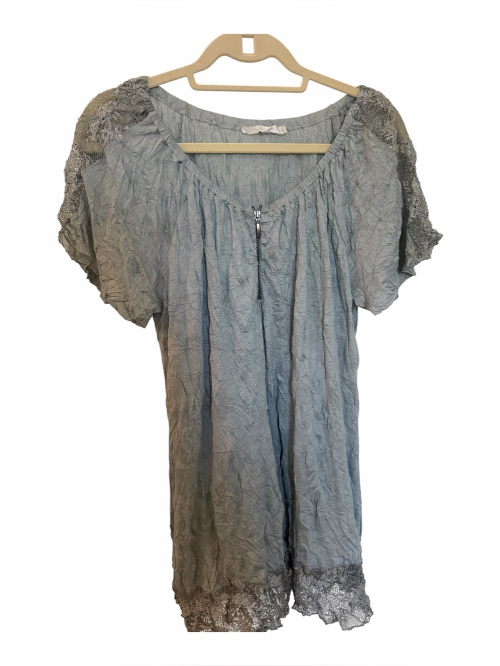 🤍 LAUREN VIDAL Light Blue Lace-Trim Short Sleeve Tunic